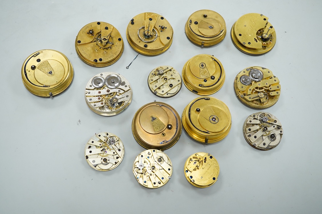 A small quantity of assorted mainly 19th century pocket and fob watch movements including Thomas Crispe of Bravington Sq. W. Lockwood of Huddersfield and William Flowers of London.
